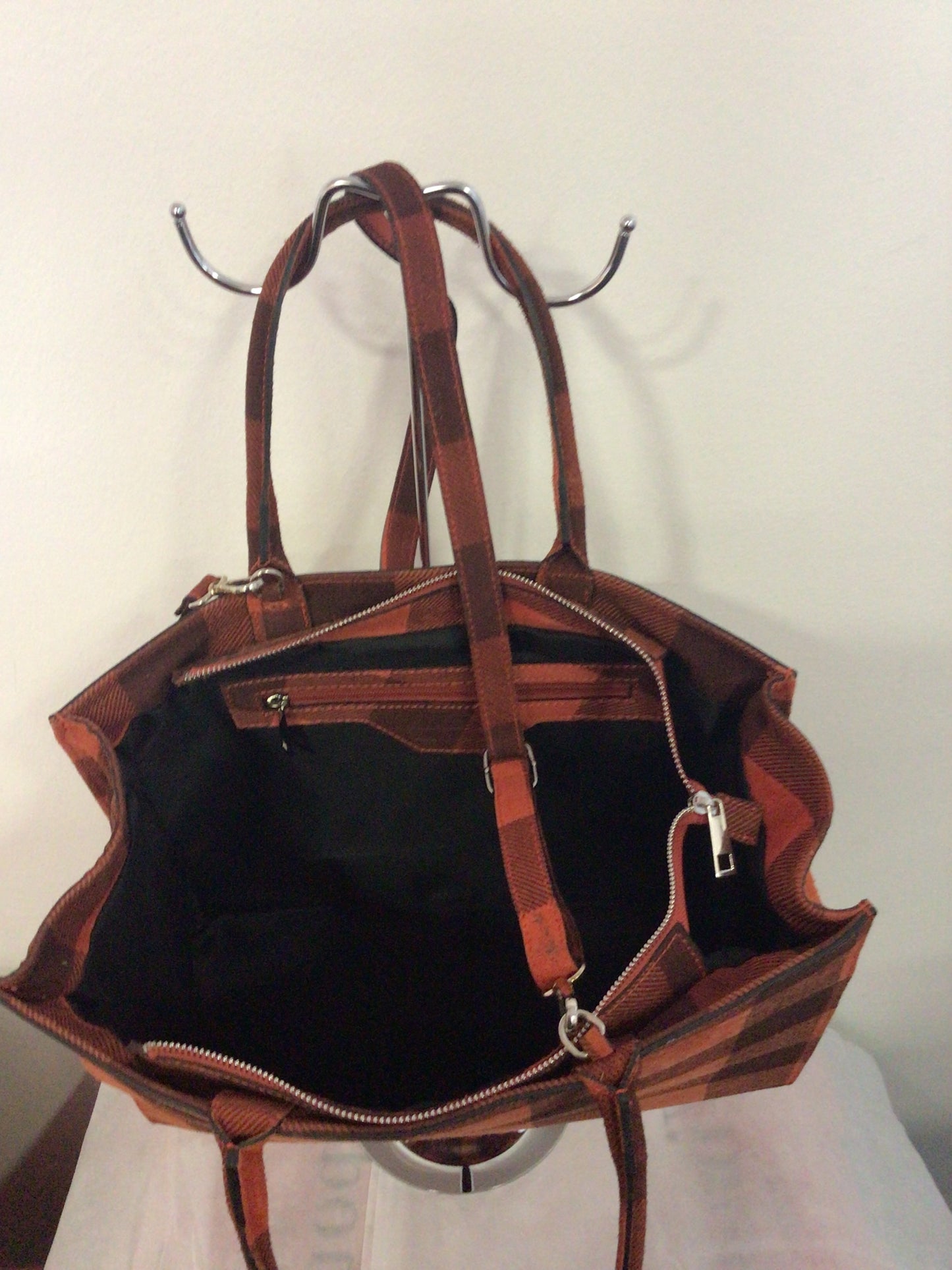 Red and black checked split leather handbag