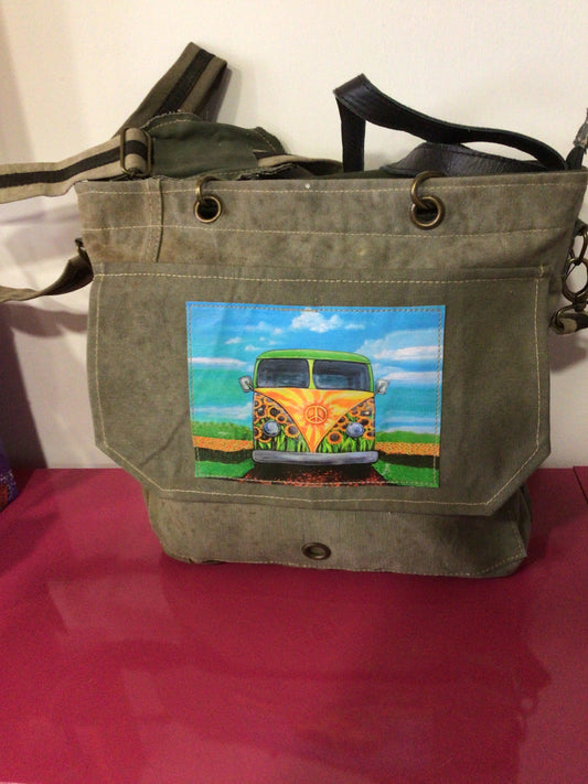 Upcycling Large Vintage bag in military tent canvas